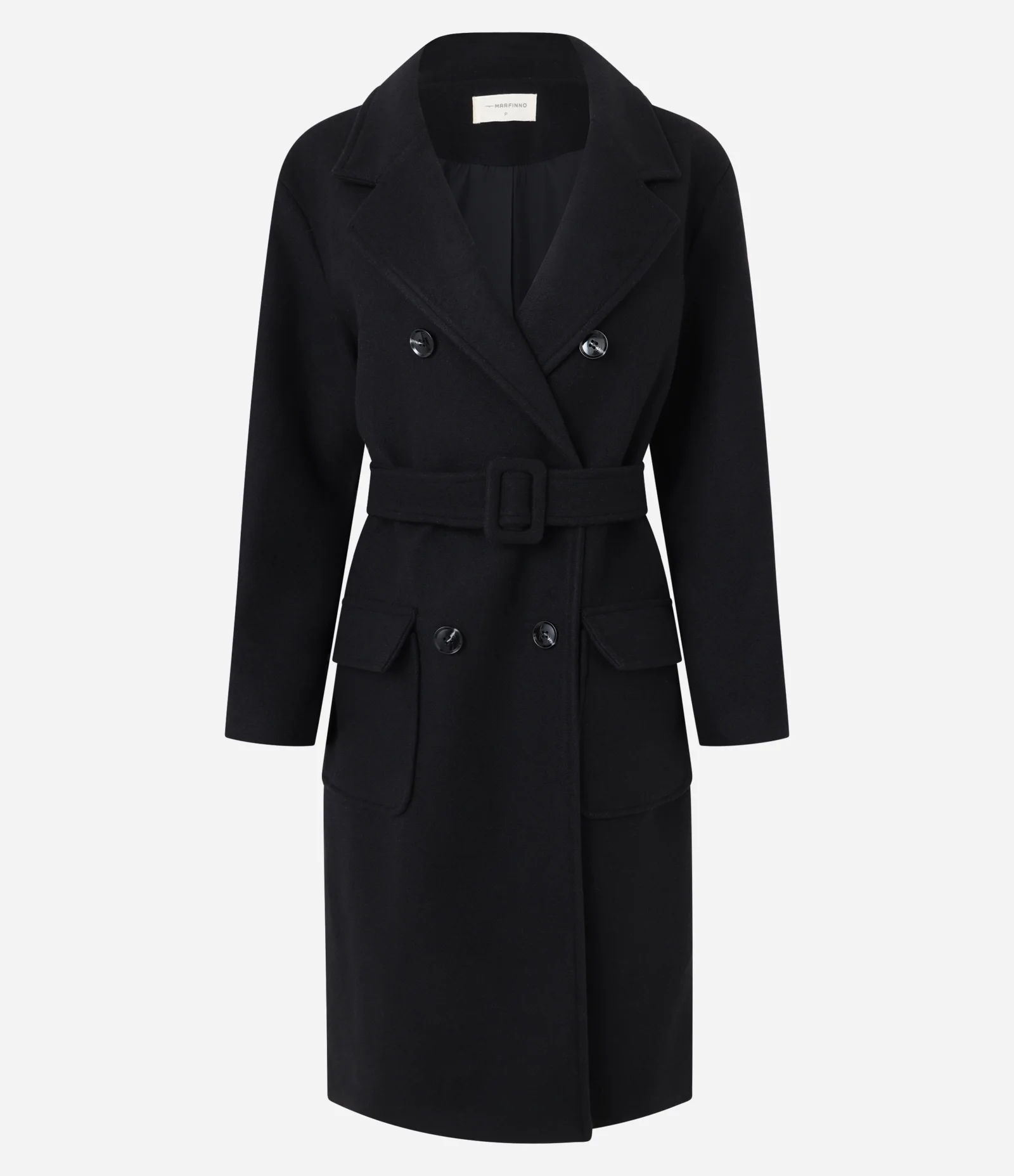 Casaco Alongado em Polivelour Transpassado com Cinto e Bolsos Preto 1