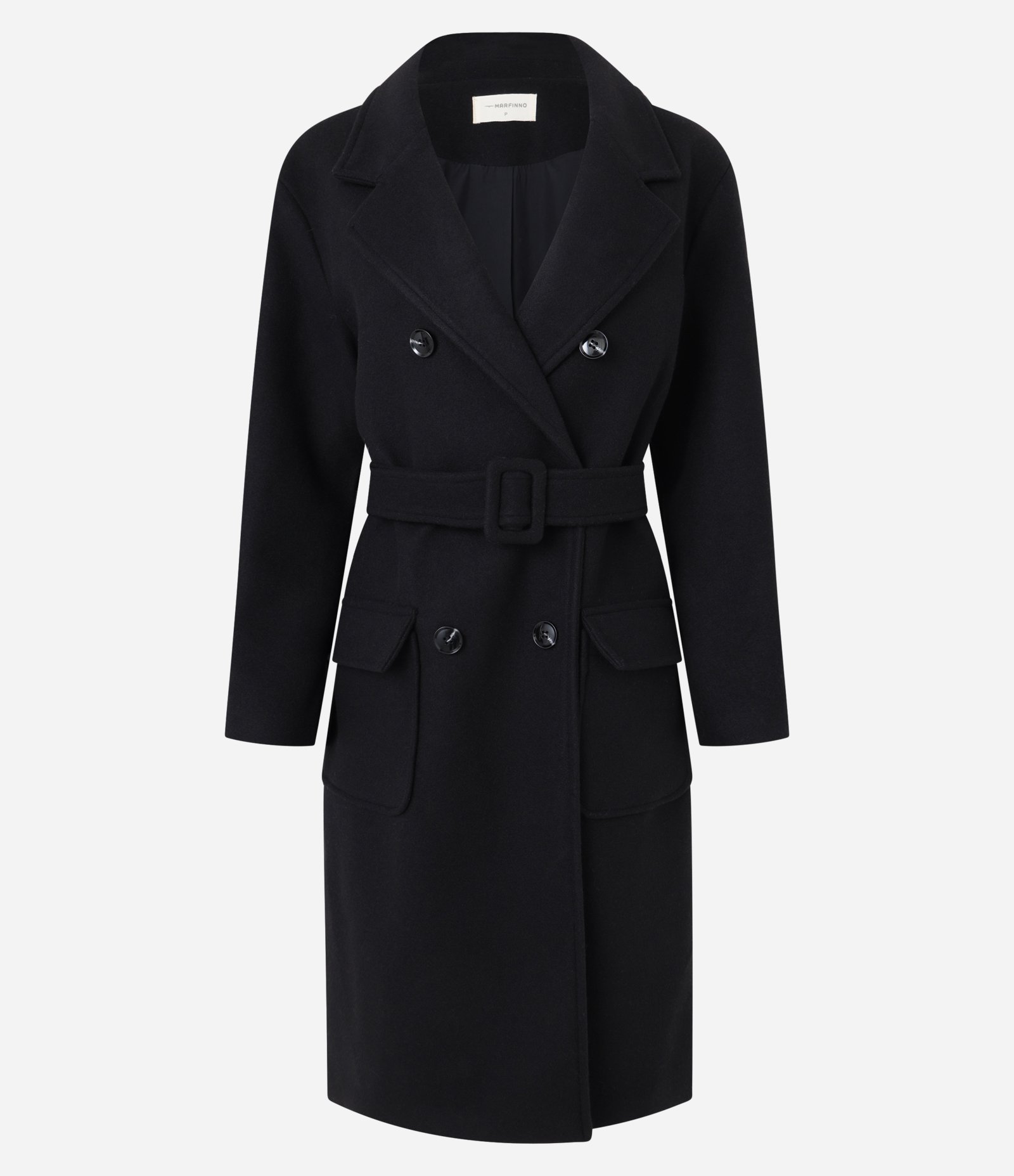 Casaco Alongado em Polivelour Transpassado com Cinto e Bolsos Preto 2