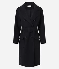 Casaco Alongado em Polivelour Transpassado com Cinto e Bolsos