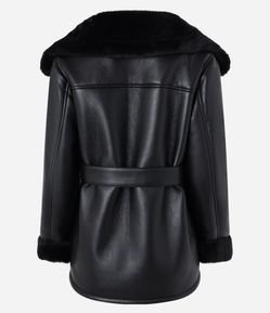 Blazer em PU com Cinto Afivelado e Pelos na Gola e Punho