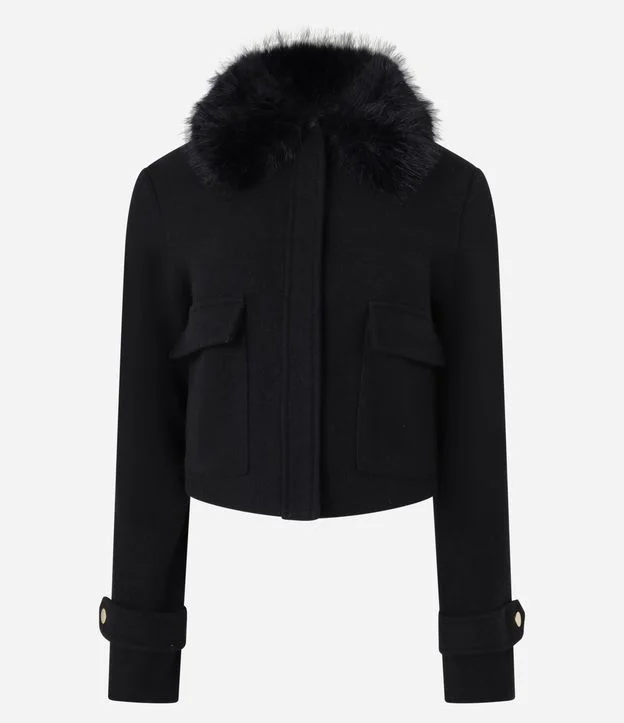 Casaco em Polivelour com Pelos na Gola e Bolsos Cargo