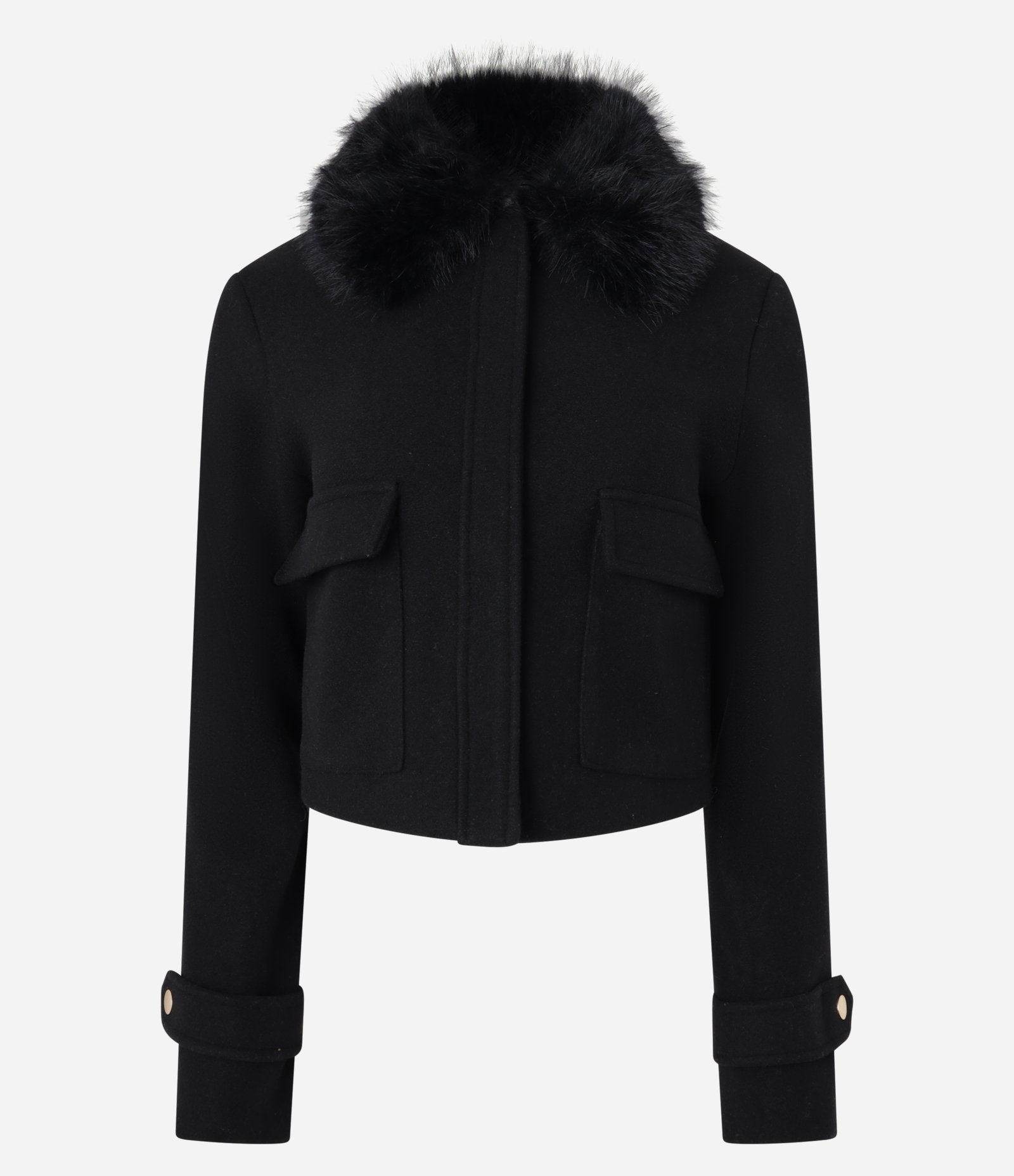 Casaco em Polivelour com Pelos na Gola e Bolsos Cargo Preto 7