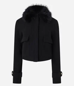 Casaco em Polivelour com Pelos na Gola e Bolsos Cargo