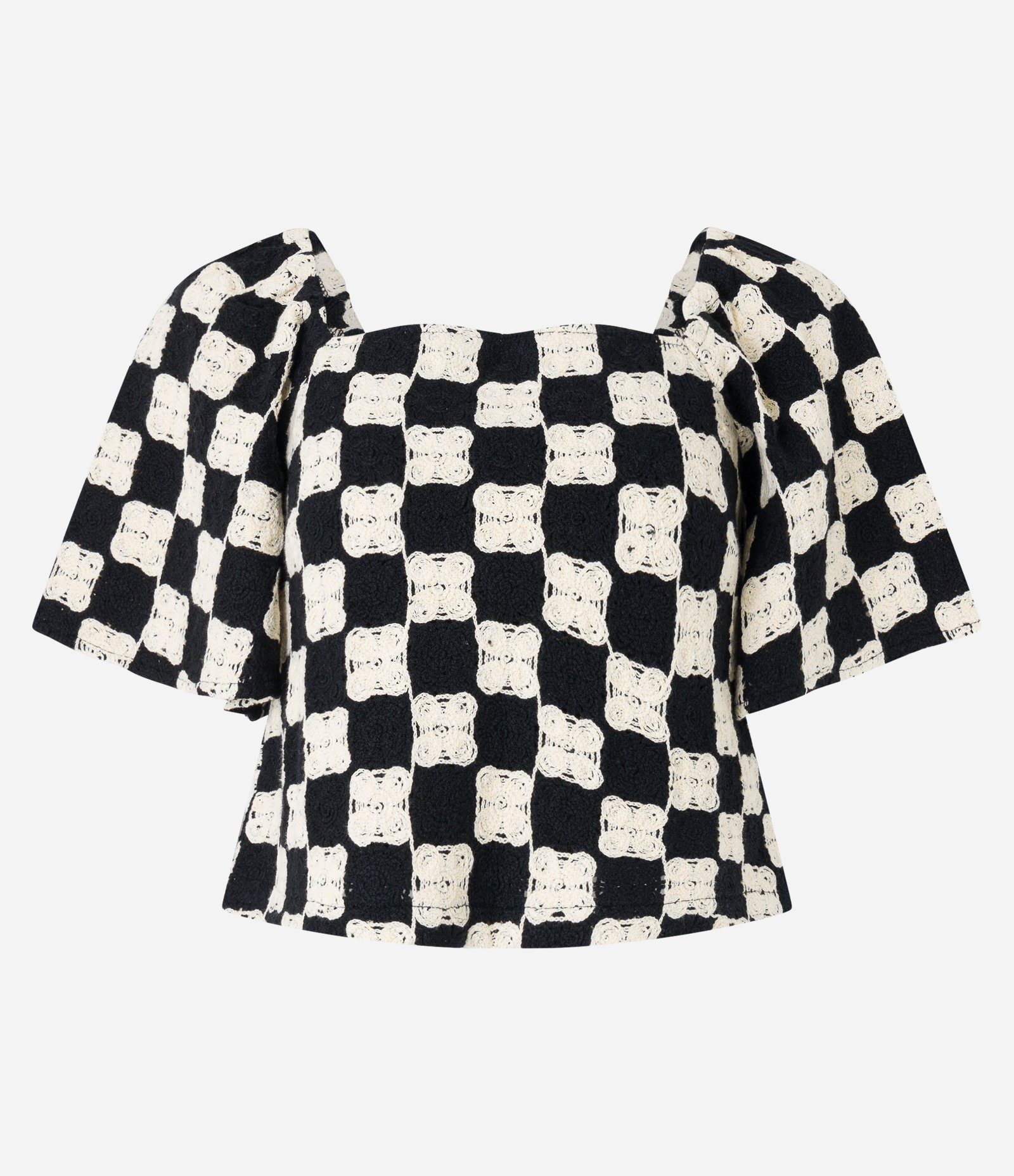 Blusa em Algodão com Efeito Crochê Xadrez Preto/Branco 6