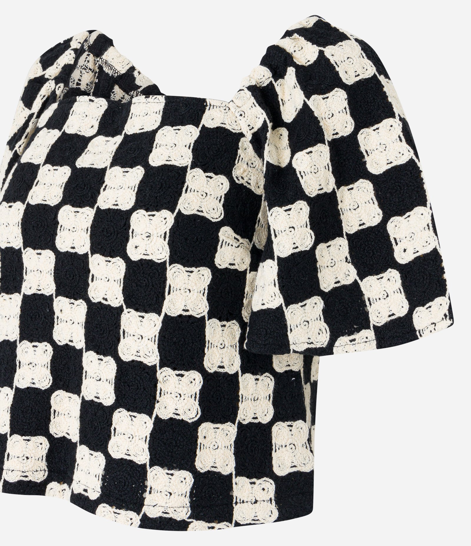 Blusa em Algodão com Efeito Crochê Xadrez Preto/Branco 7