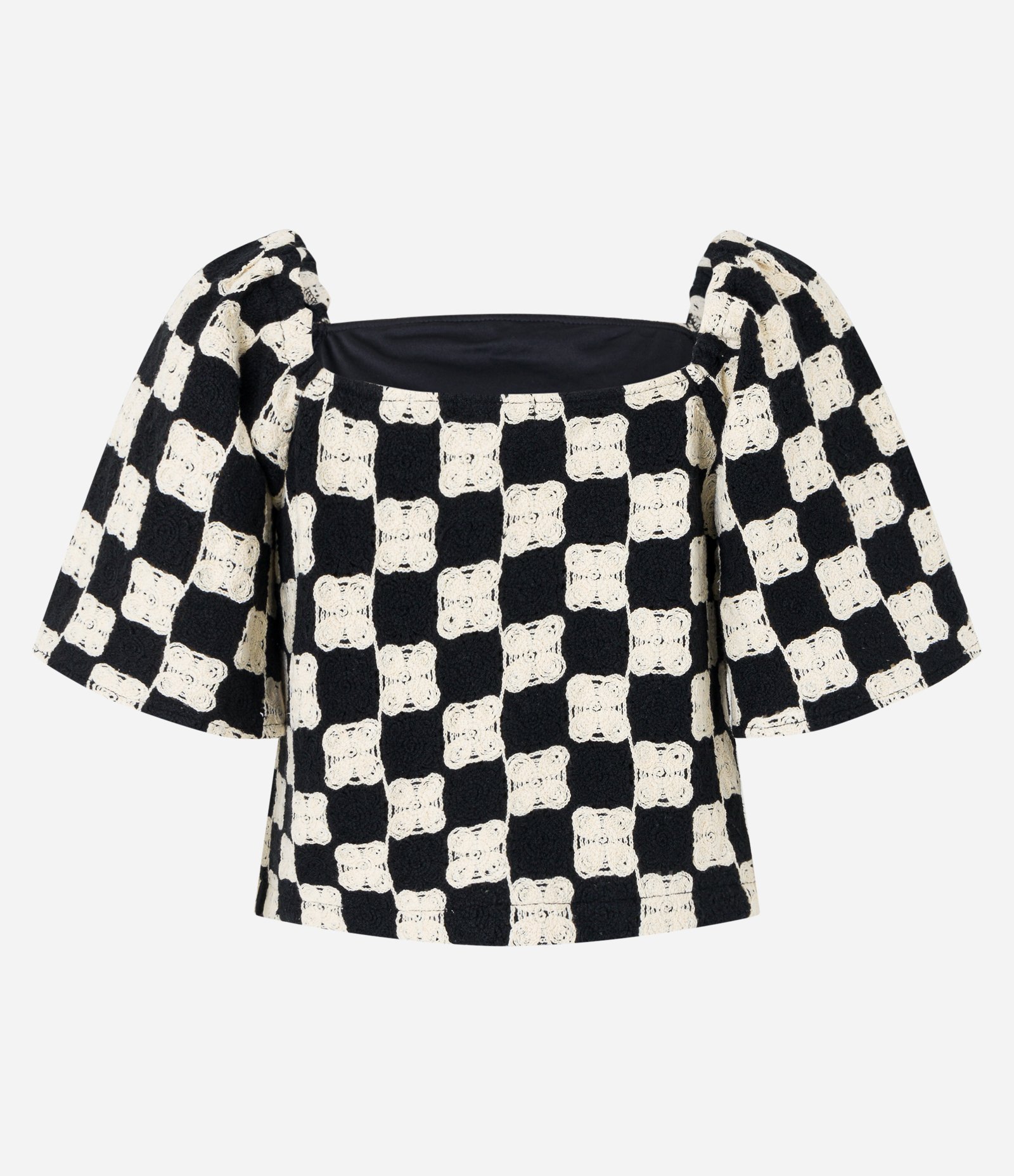 Blusa em Algodão com Efeito Crochê Xadrez Preto/Branco 8