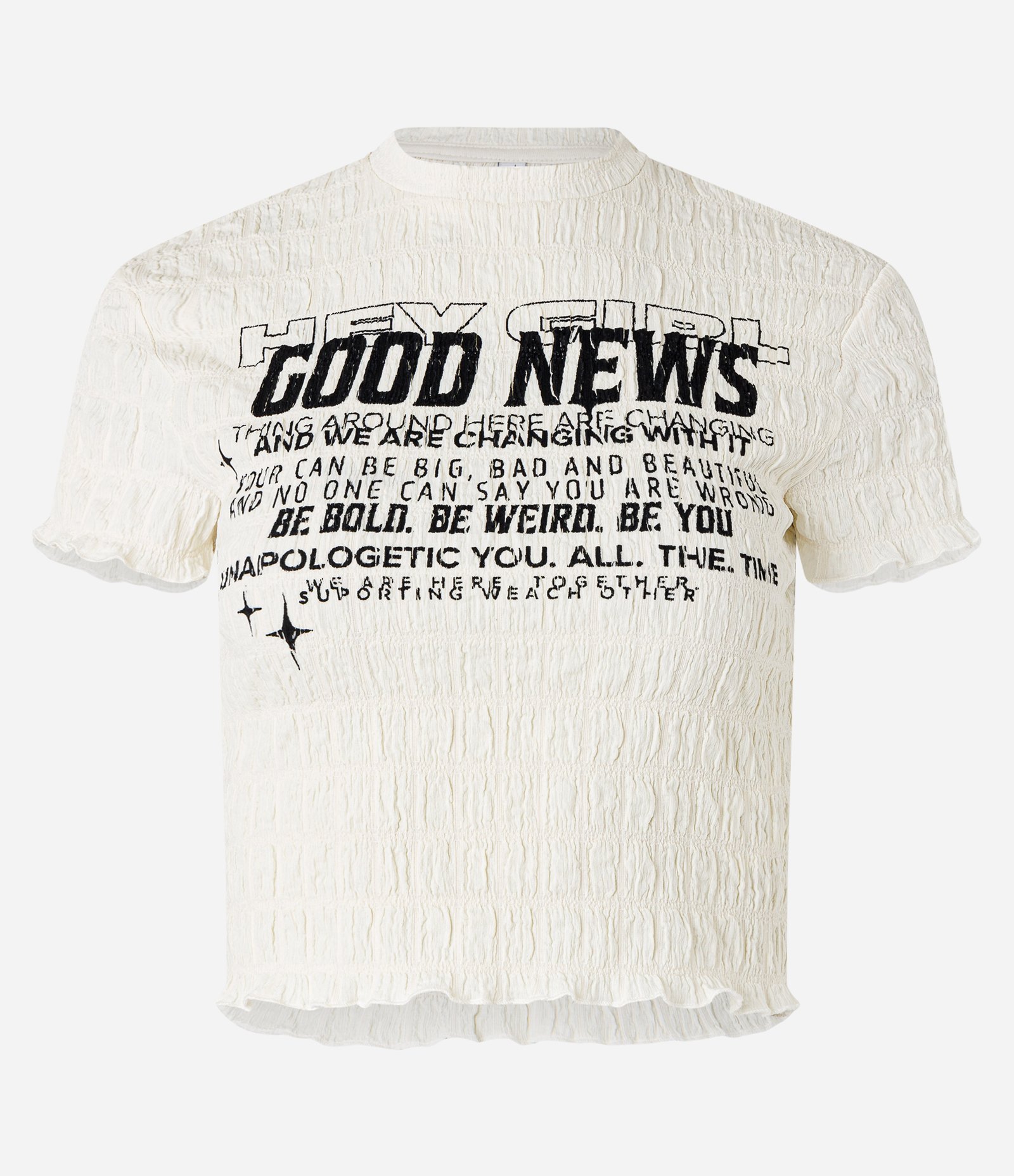 Blusa Cropped Texturizada com Estampa Good News Branco 4