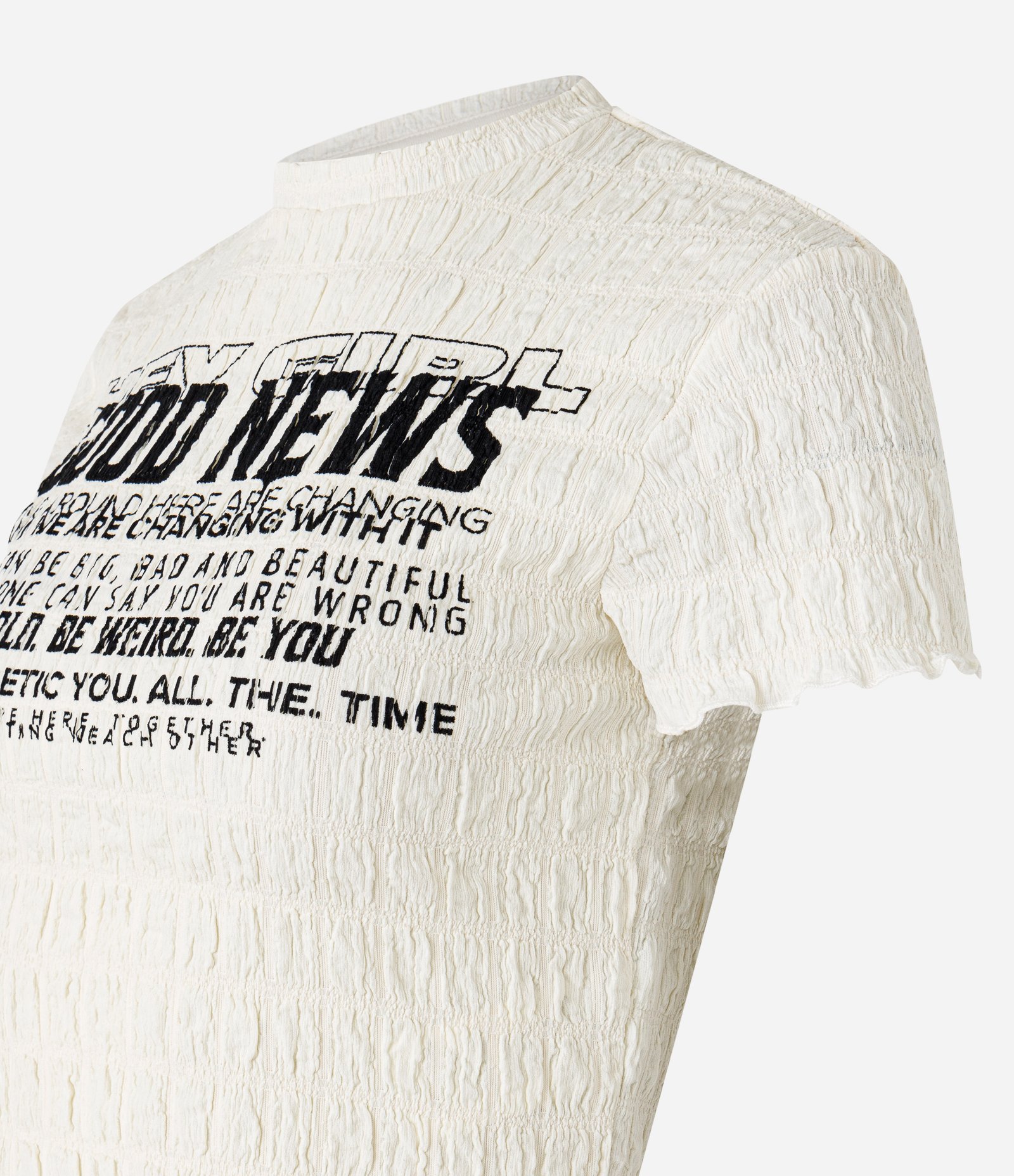 Blusa Cropped Texturizada com Estampa Good News Branco 5