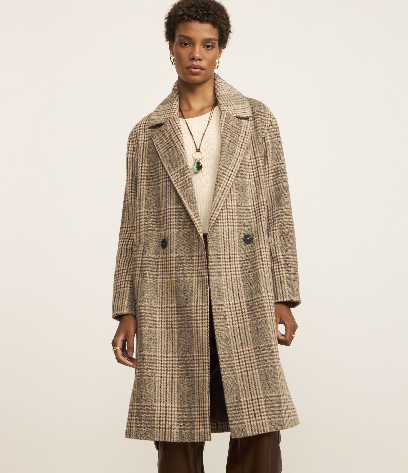 Casaco Trench Coat em Polivelour Xadrez Marrom 3