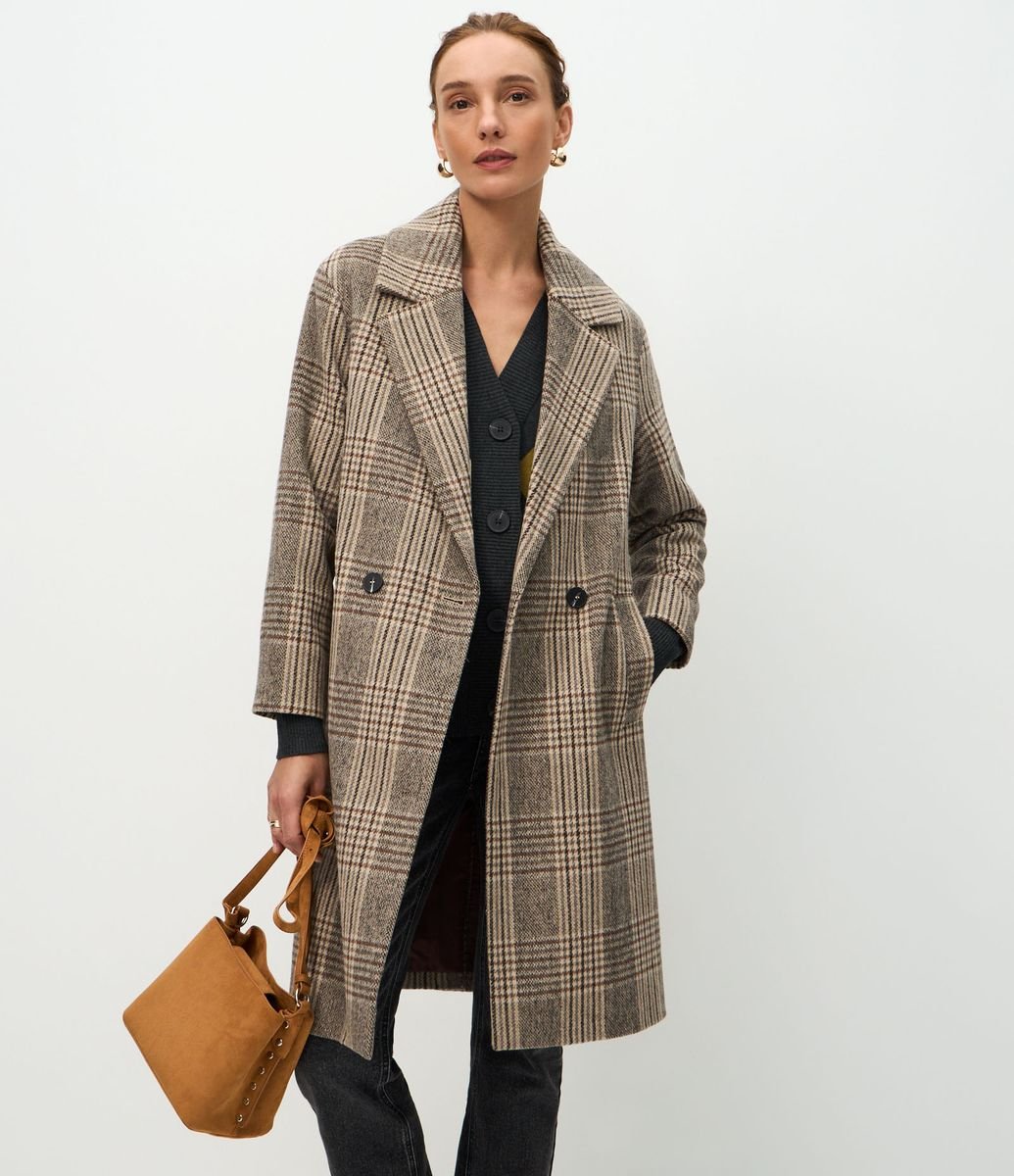 Casaco Trench Coat em Polivelour Xadrez Marrom