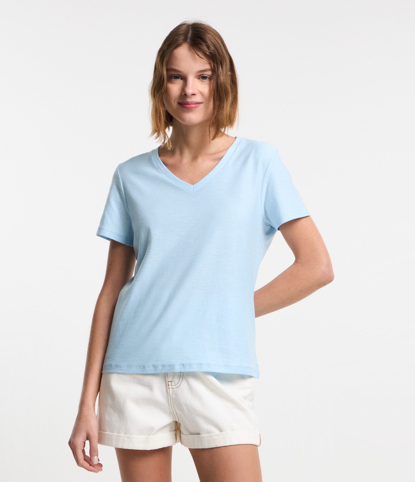 Blusa T-shirt em Algodão Flame com Gola V Azul 3