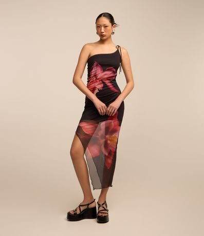 Vestido New Midi em Tule Assimétrico e Estampa de Flor Preto Renner
