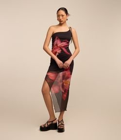 Vestido New Midi em Tule Assimétrico e Estampa de Flor
