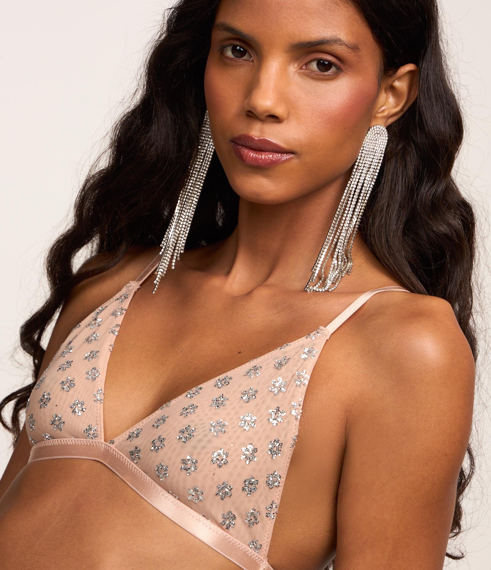 Sutiã Top em Tule sem Bojo e com Glitter Bege 1