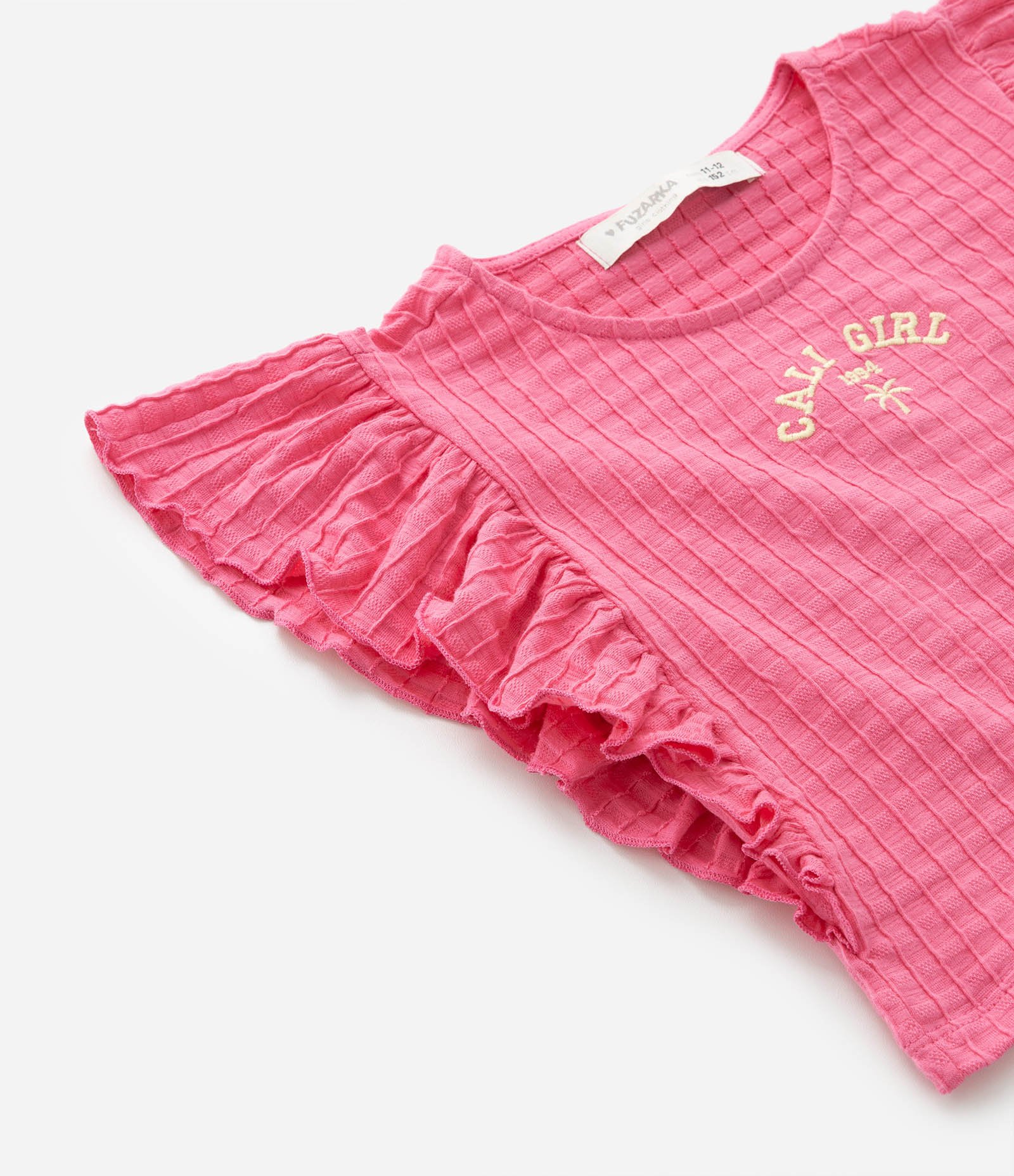 Blusa Cropped Infantil com Textura e Babado nas Cavas - Tam 5 a 14 Anos Rosa 5