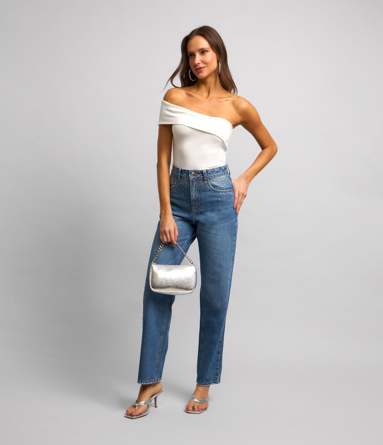 Blusa Curta em jersey com Um Ombro Só e Pala Dobrada Branco 3