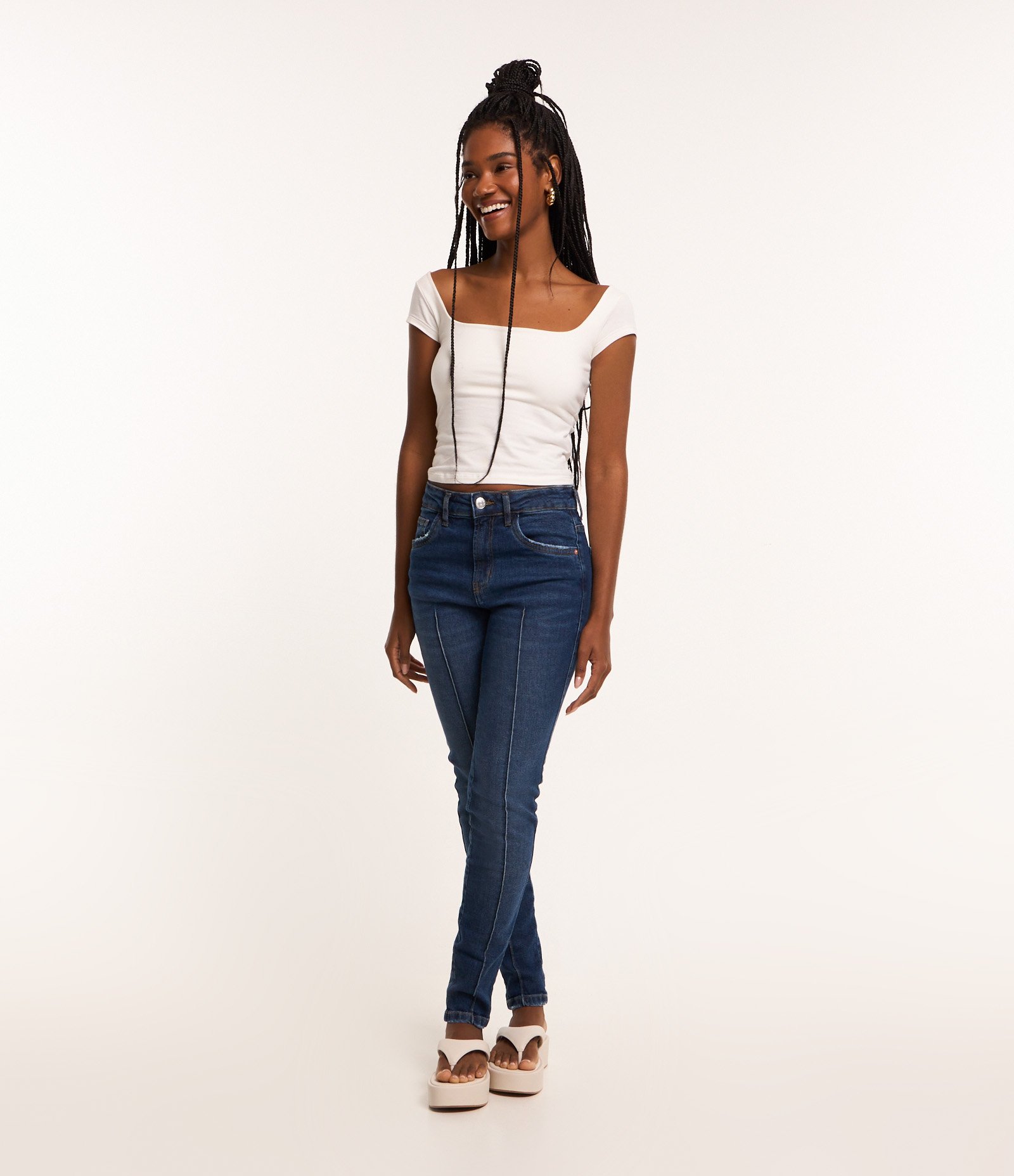 Calça Skinny em Jeans com Frisos Recortados Azul 1