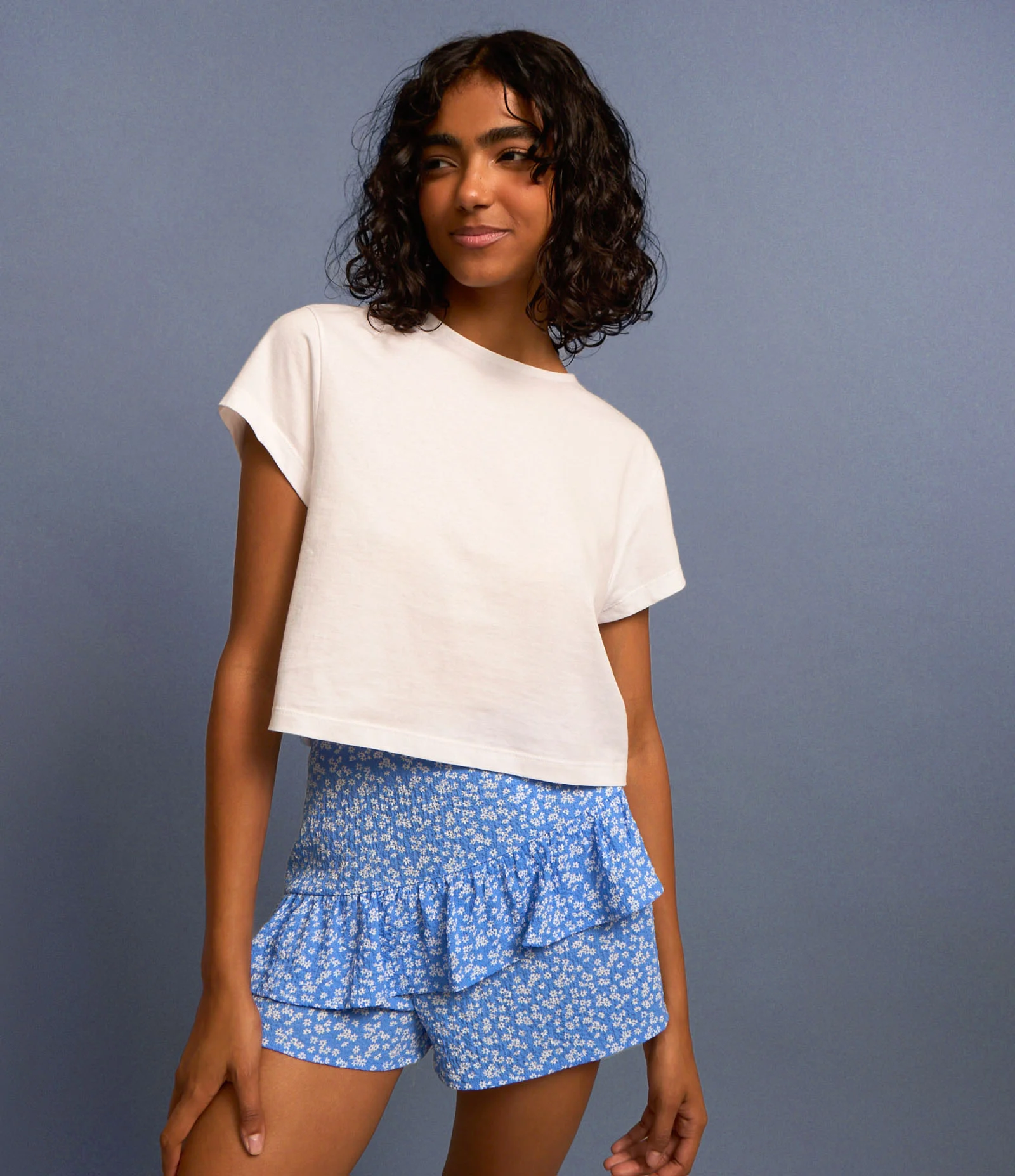 Short Saia em Viscose com Babado e Estampa Floral Liberty Azul 1