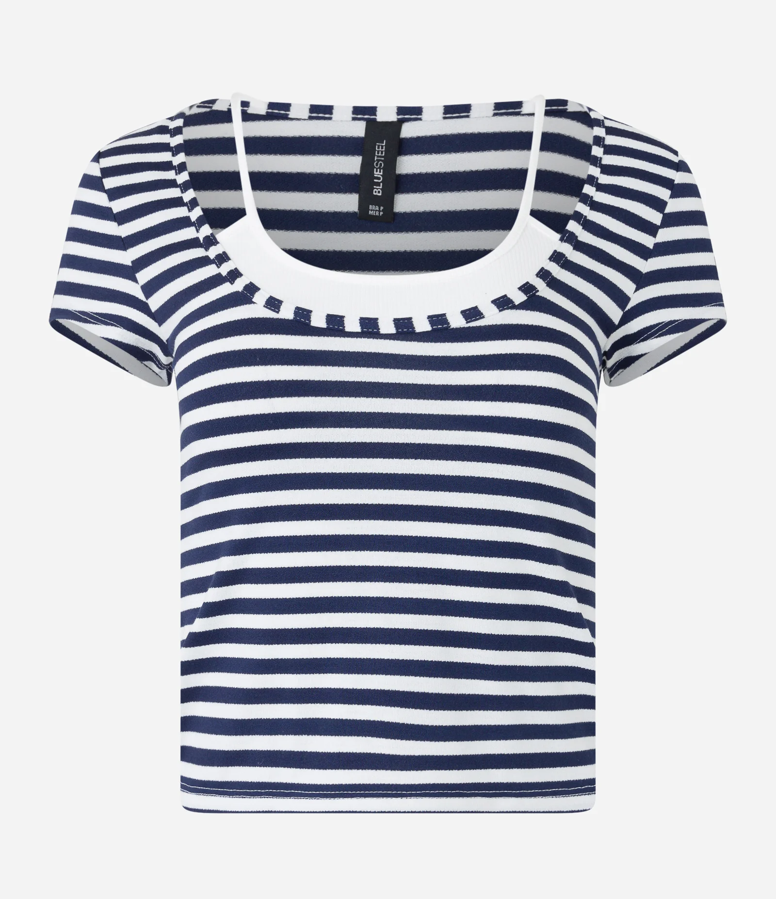 Blusa em Algodão com Listras e Detalhe de Regata Interno Azul Marinho 4