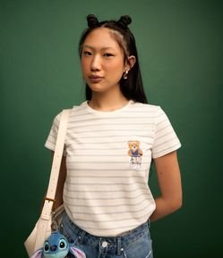 Blusa T-shirt em Algodão com Listras e Bordado de Ursinho
