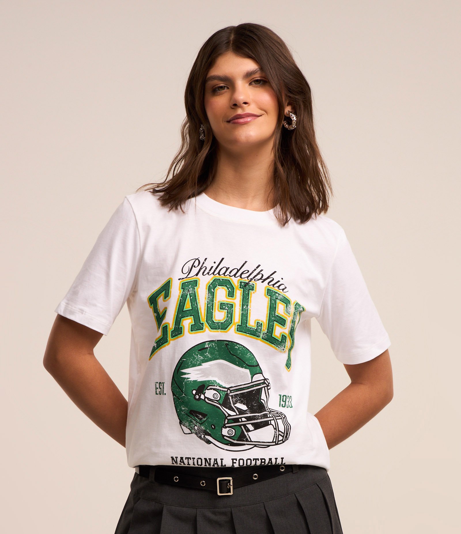 Camiseta Alongada em Algodao com Estampa NFL Philadelhpia Eagles Branco