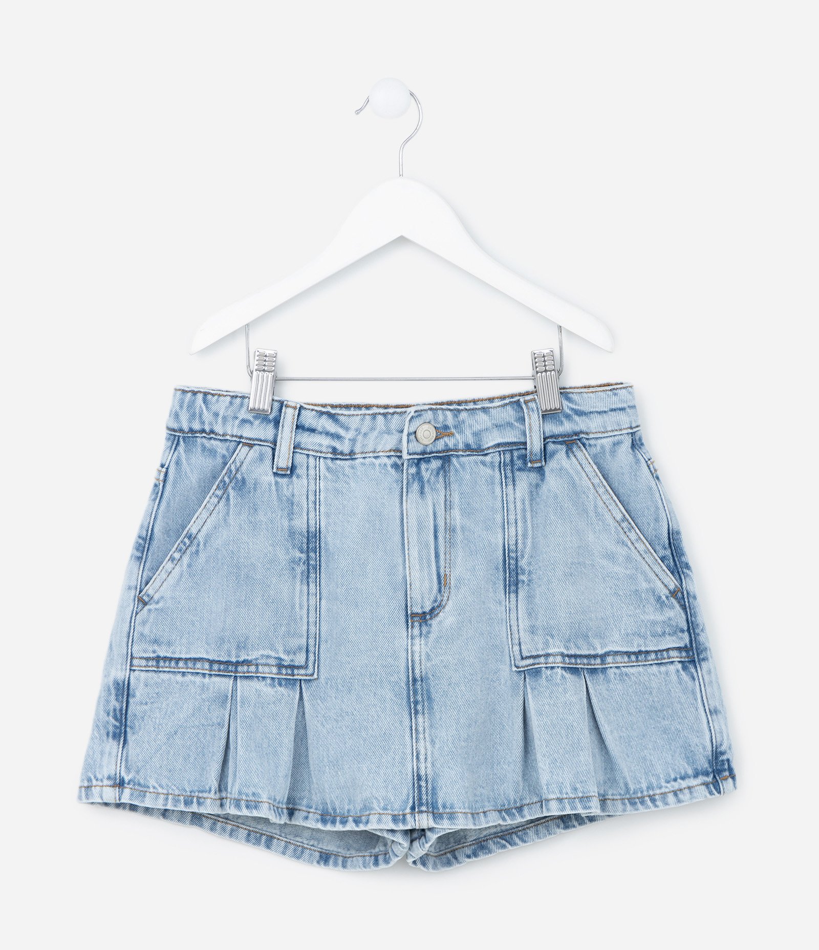 Short Saia Infantil em Jeans com Pregas e Bolsos - Tam 5 a 14 Anos Azul 1