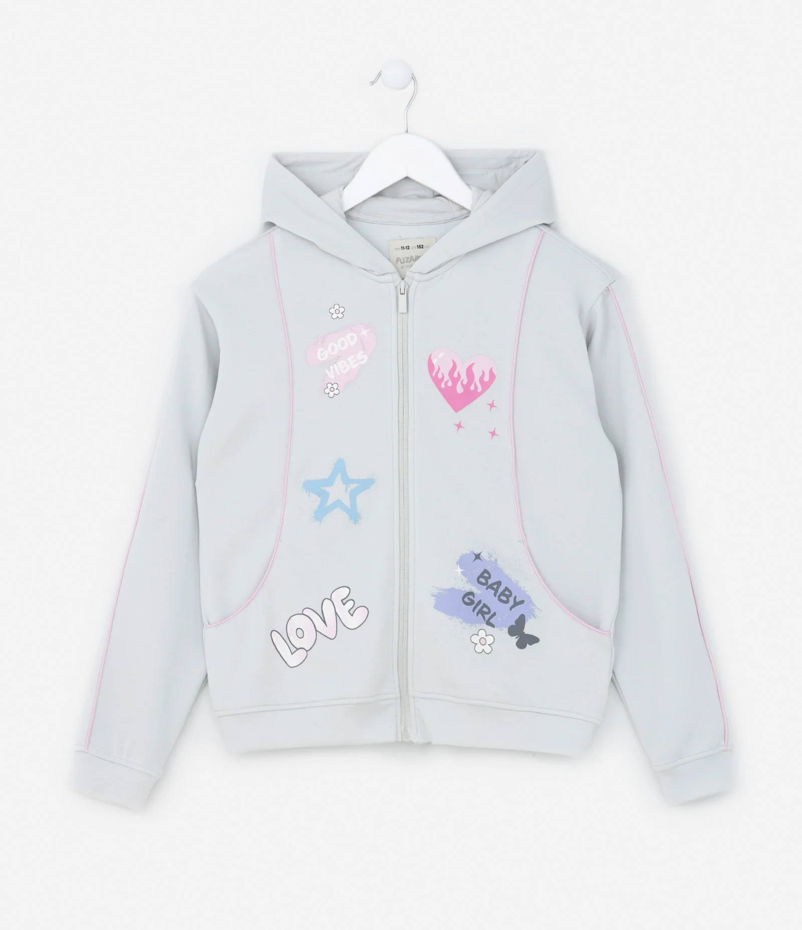 Jaqueta Infantil com Viés Contrastante e Estampa Doodles - Tam 5 a 14 Anos Cinza 1