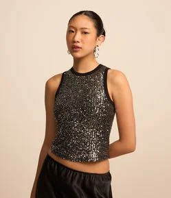 Blusa sem Manga em Paetês e Cavas Contrastantes