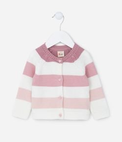 Cardigan Infantil em Tricô Listrado com Botões de Coração - Tam 0 a 18 meses
