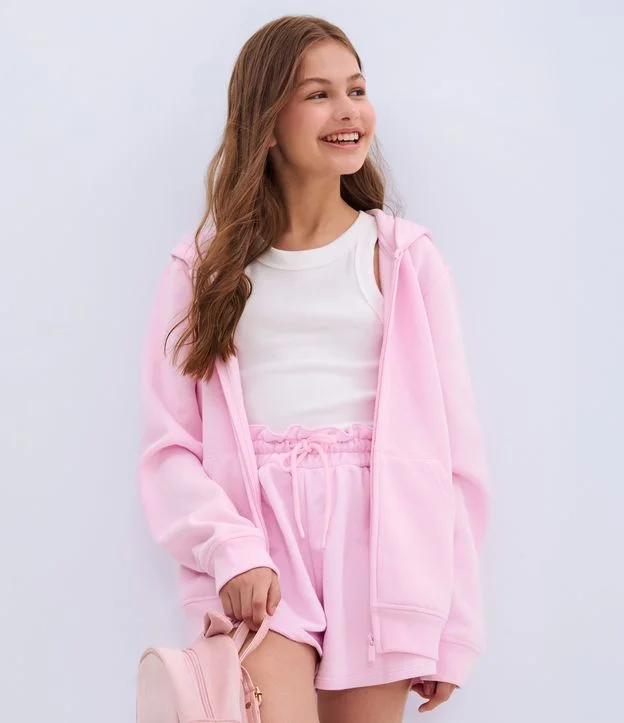 Jaqueta Infantil em Moletom Quentinho com Capuz Tam a 14 Anos Rosa
