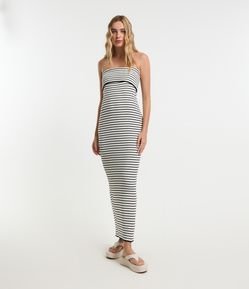 Vestido New Midi em Tricô Listrado e Pala Virada