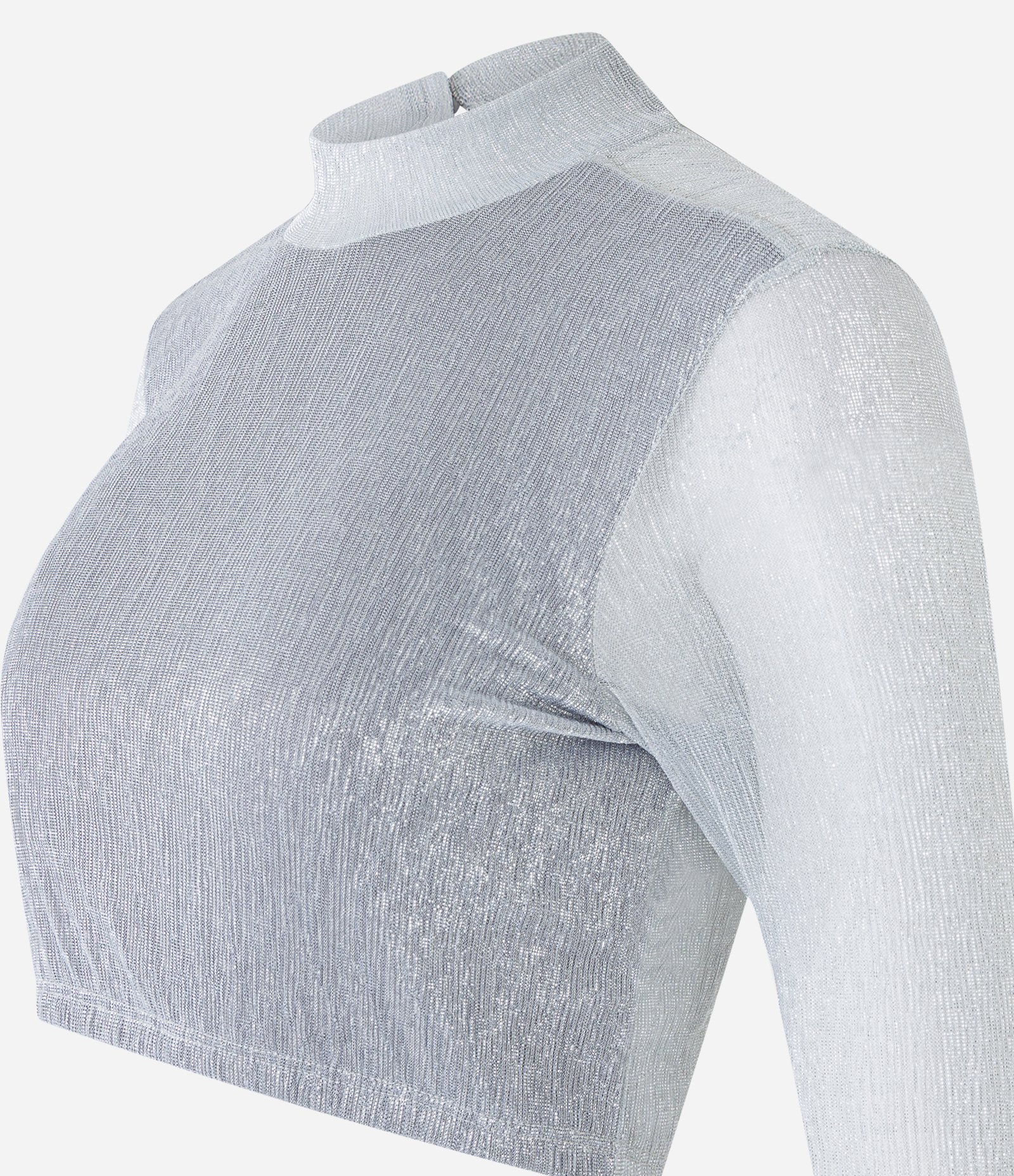 Blusa Cropped em Tule Metalizado com Golinha e Gota nas Costas Prata 7