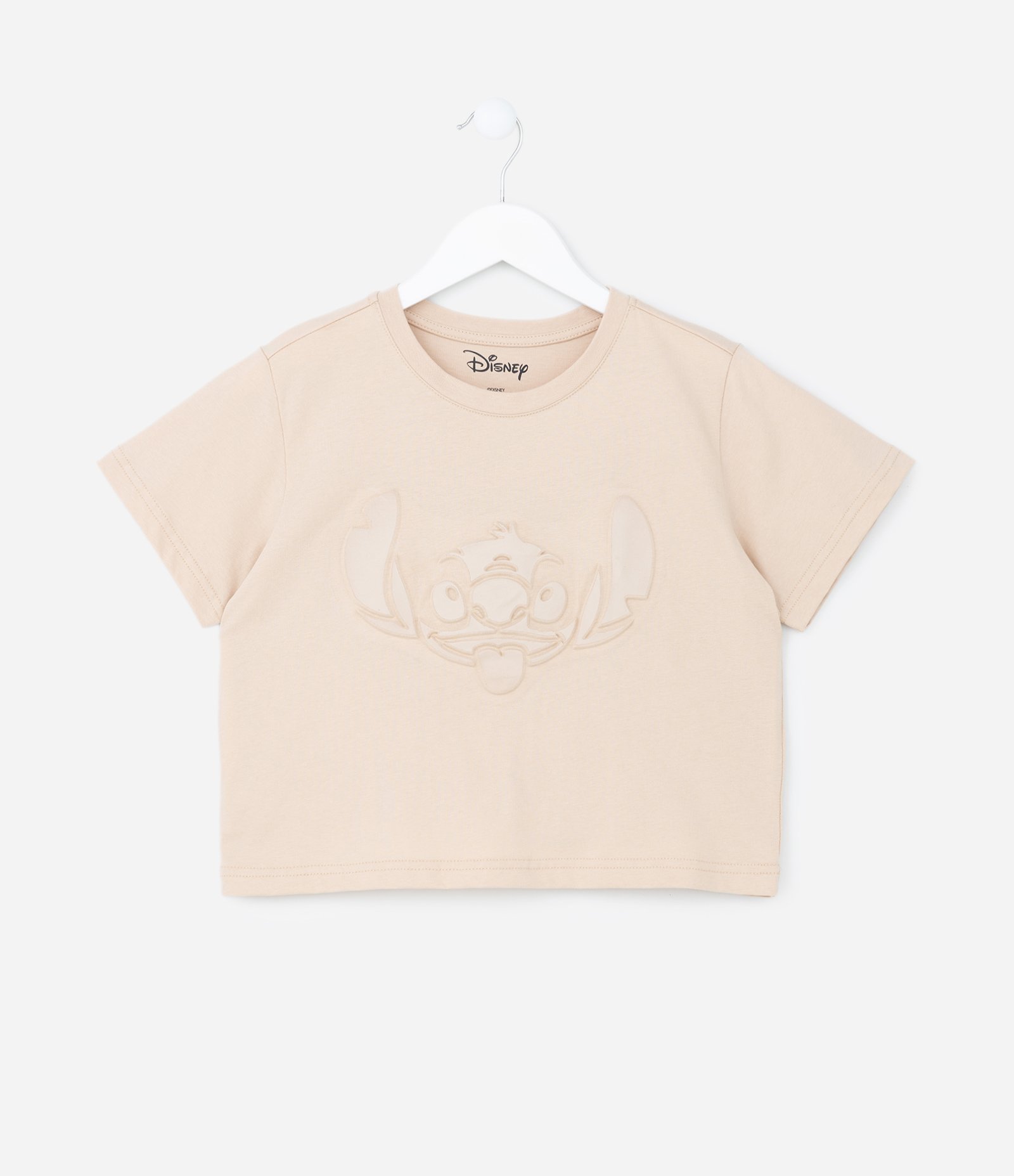 Camiseta Curta Infantil com Estampa em Relevo Stitch - Tam 5 a 14 Anos Bege 1