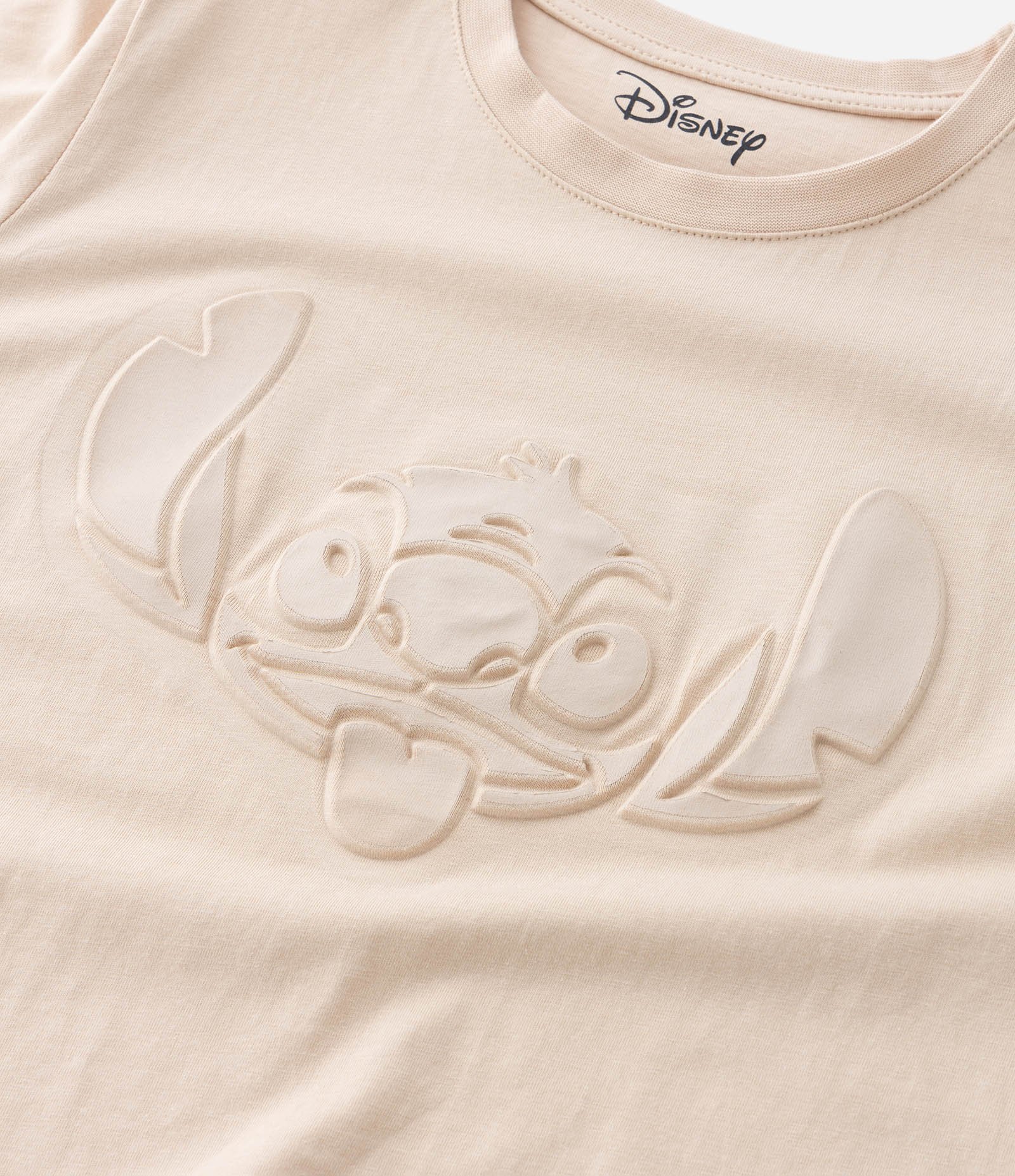 Camiseta Curta Infantil com Estampa em Relevo Stitch - Tam 5 a 14 Anos Bege 3