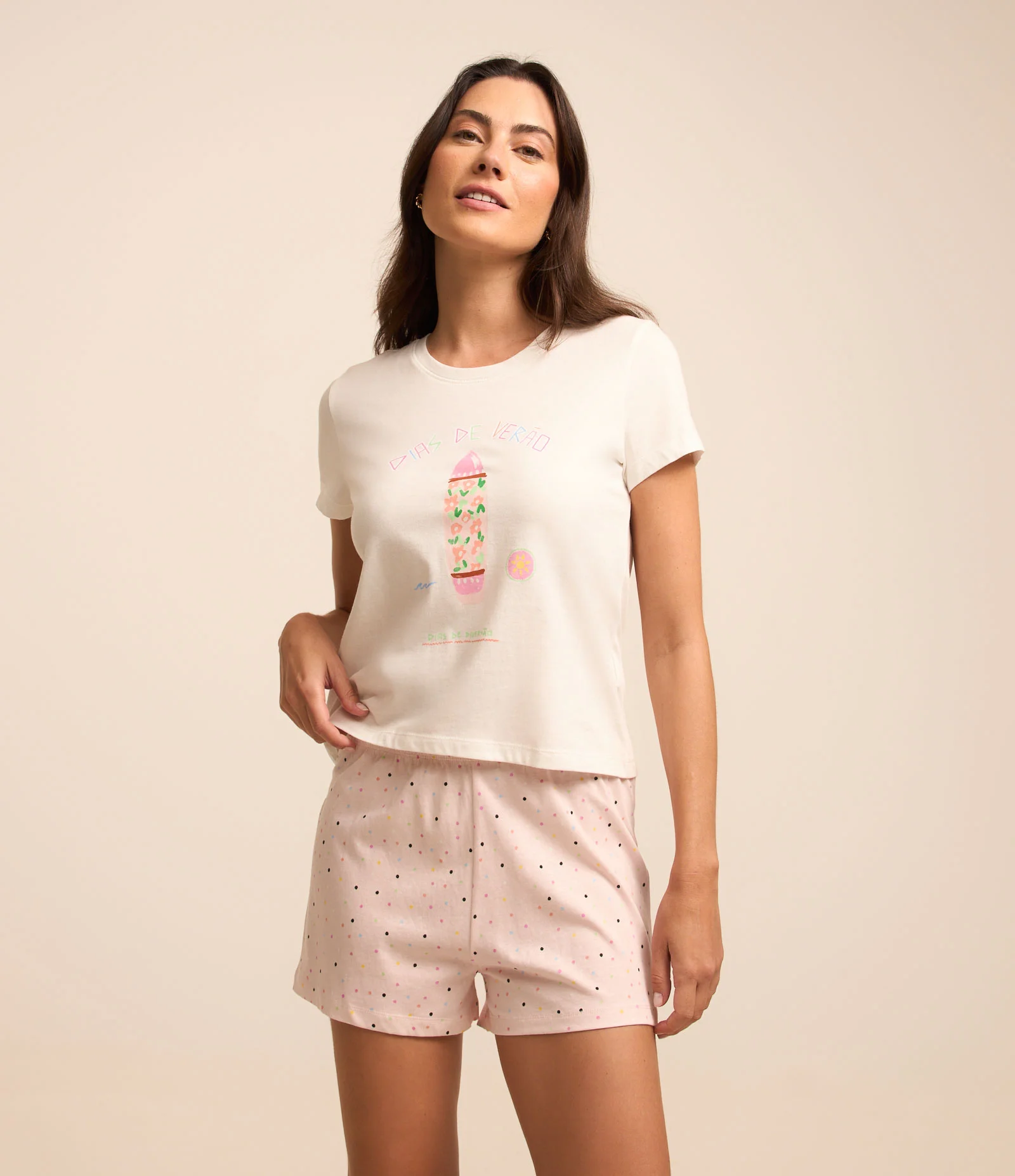 Pijama Short Doll Curto e Estampa Surf Branco/Rosa 1