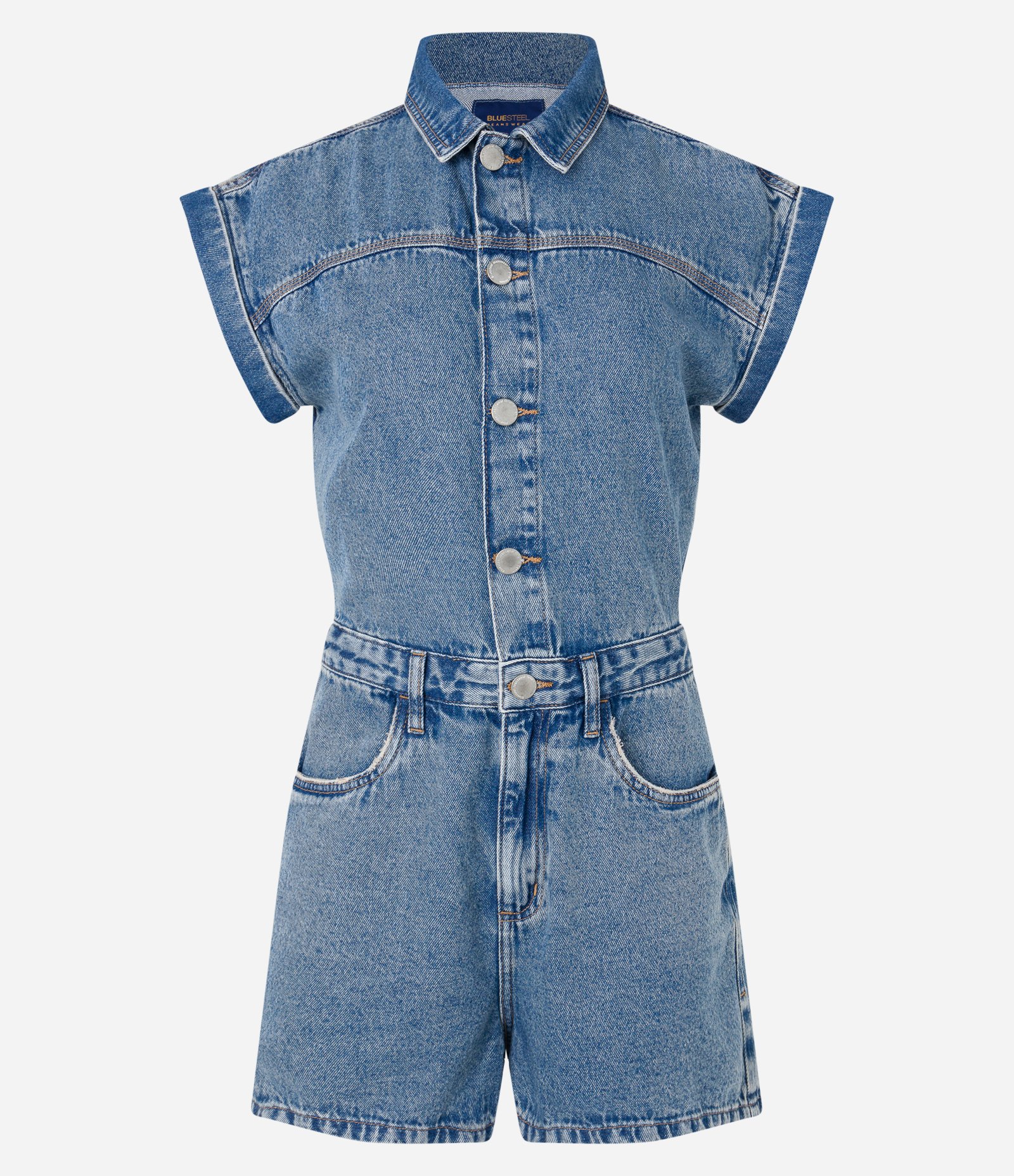 Macaquinho em Jeans com Manga Curta Dobrada Sem Cava Azul 6