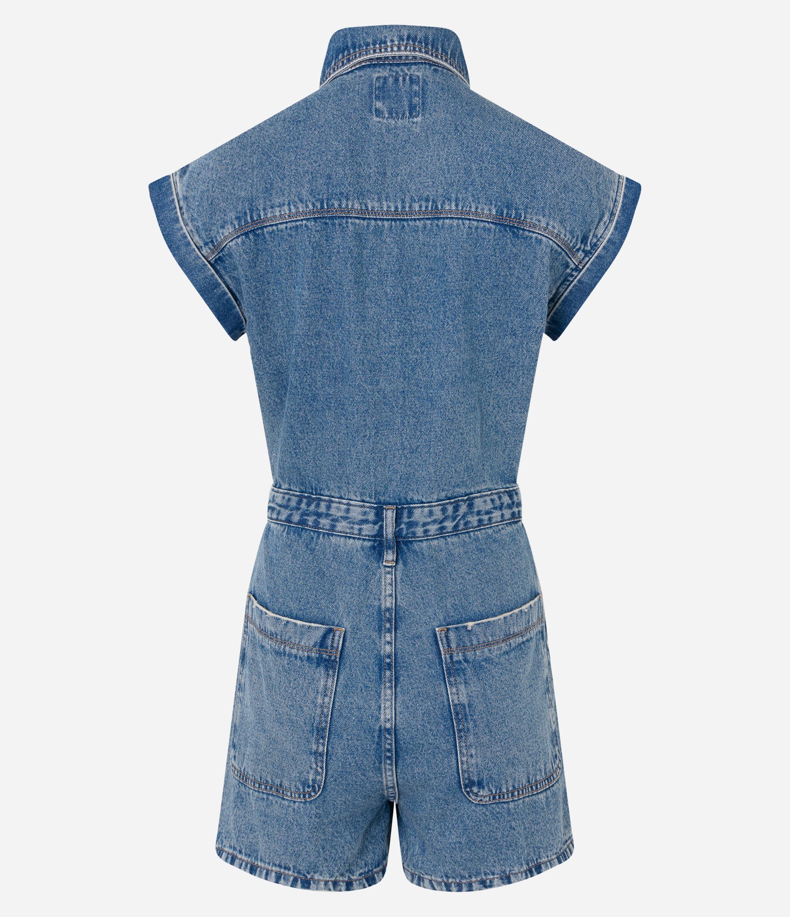 Macaquinho em Jeans com Manga Curta Dobrada Sem Cava Azul 7