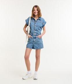 Macaquinho em Jeans com Manga Curta Dobrada Sem Cava