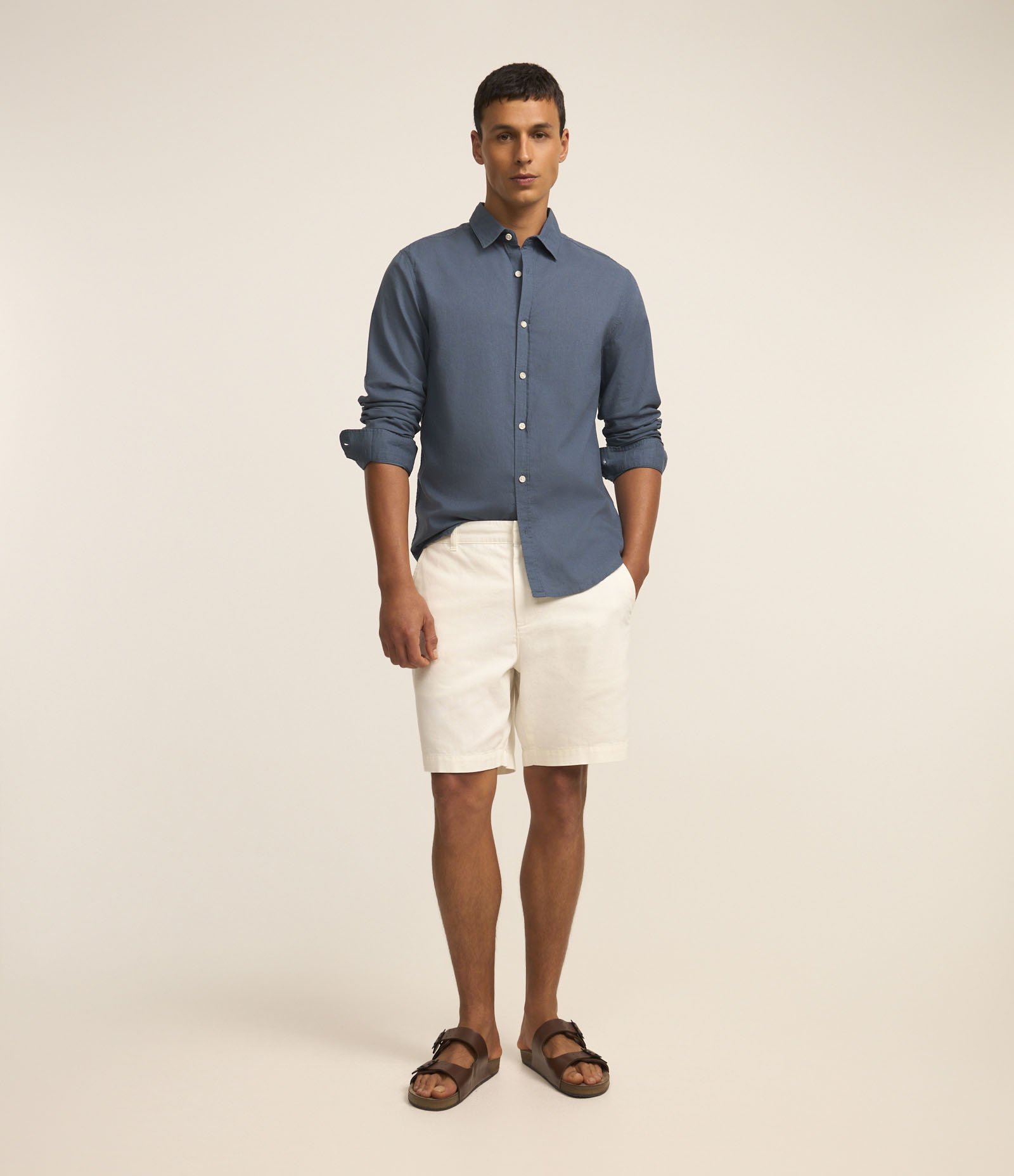 Camisa Comfort Básica em Linho e Algodão Azul 2