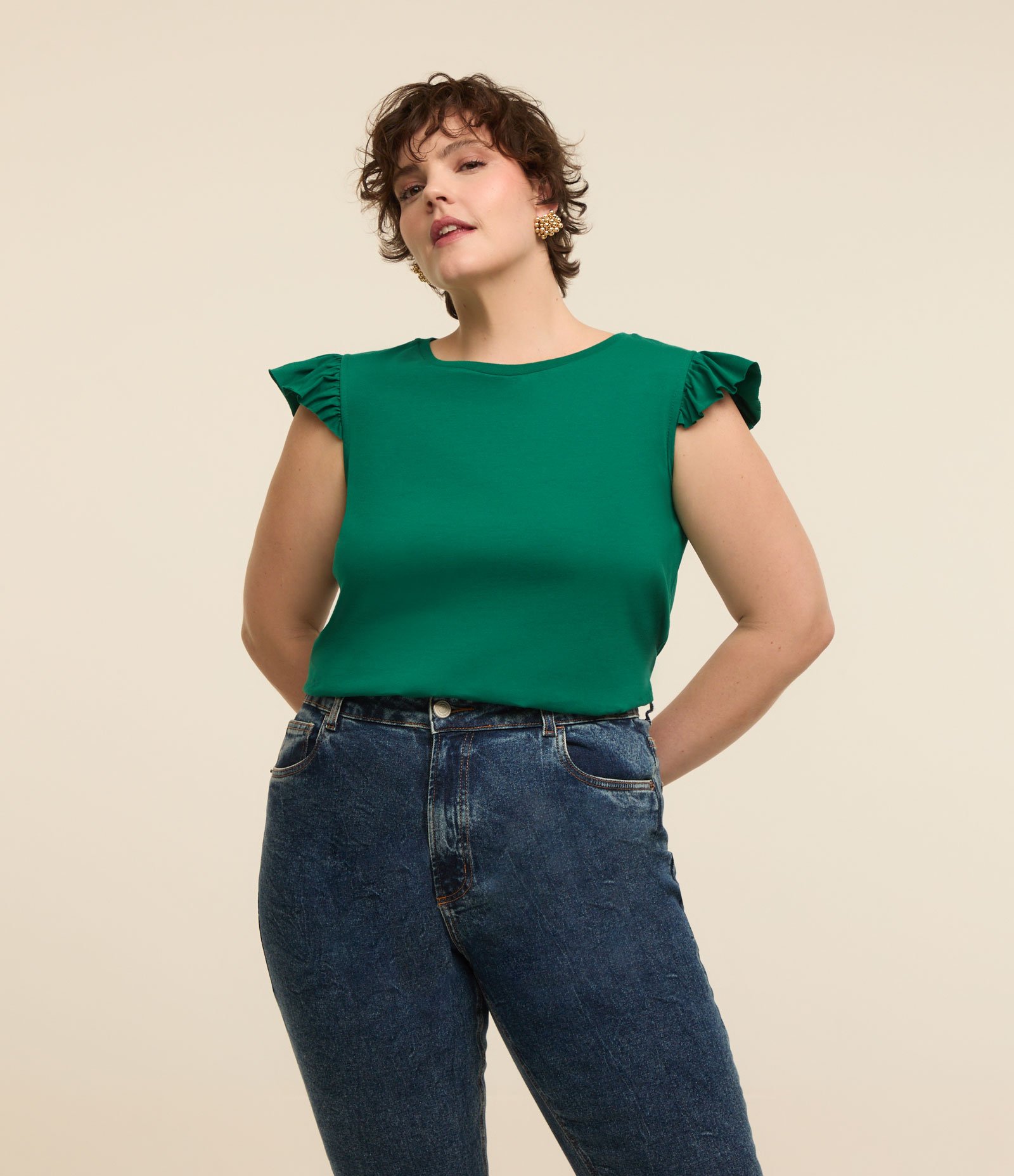 Blusa em Algodão com Mangas de Babado Curve & Plus Size Verde 1