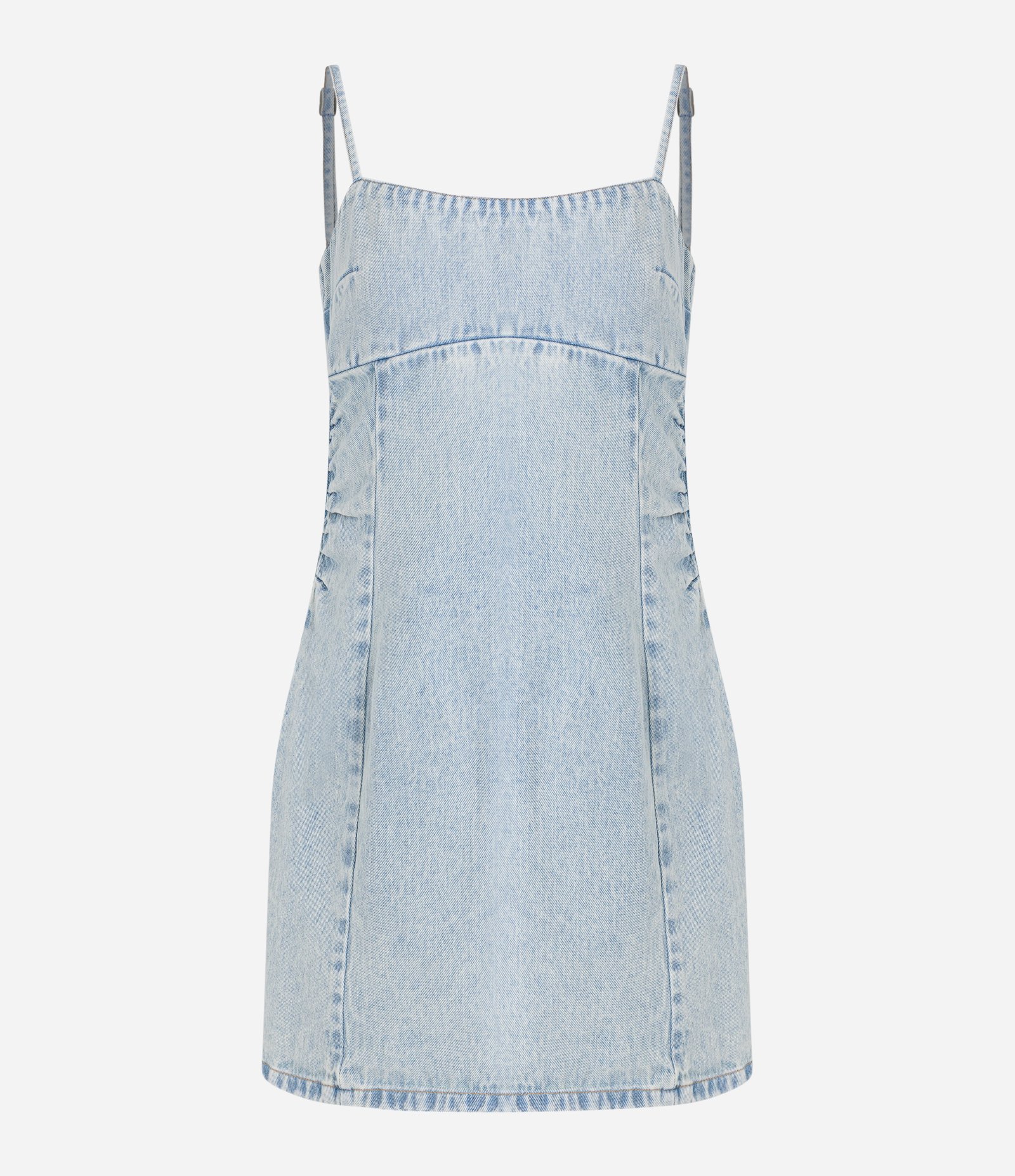 Vestido Curto de Alça em Jeans Delavê com Recortes Azul 4