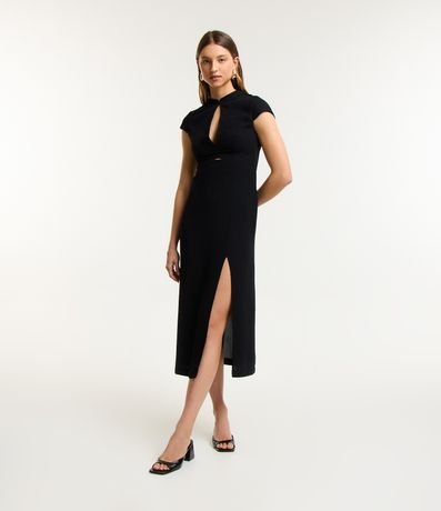 Vestido Midi em Crepe com Gola Japonesa e Fenda na Perna Menor preço em Vestido Midi em Crepe com Gola Japonesa e Fenda na Perna