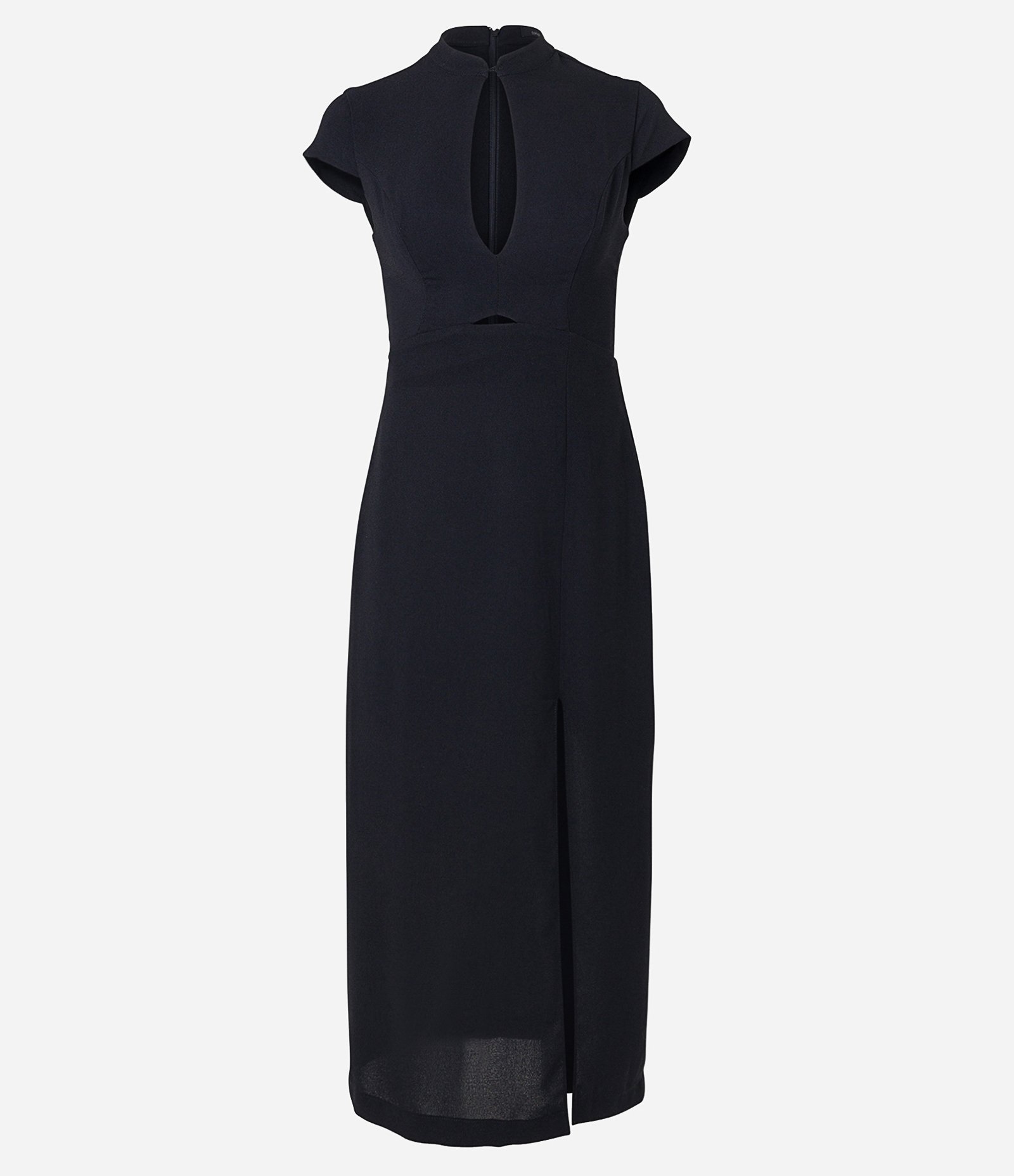 Vestido Midi em Crepe com Gola Japonesa e Fenda na Perna Preto 5