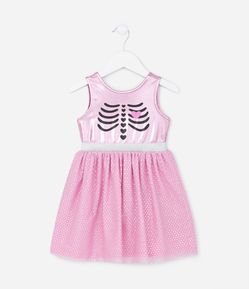 Vestido Infantil com Estampa Esqueleto e Saia Camadas - Tam 1 a 5 Anos