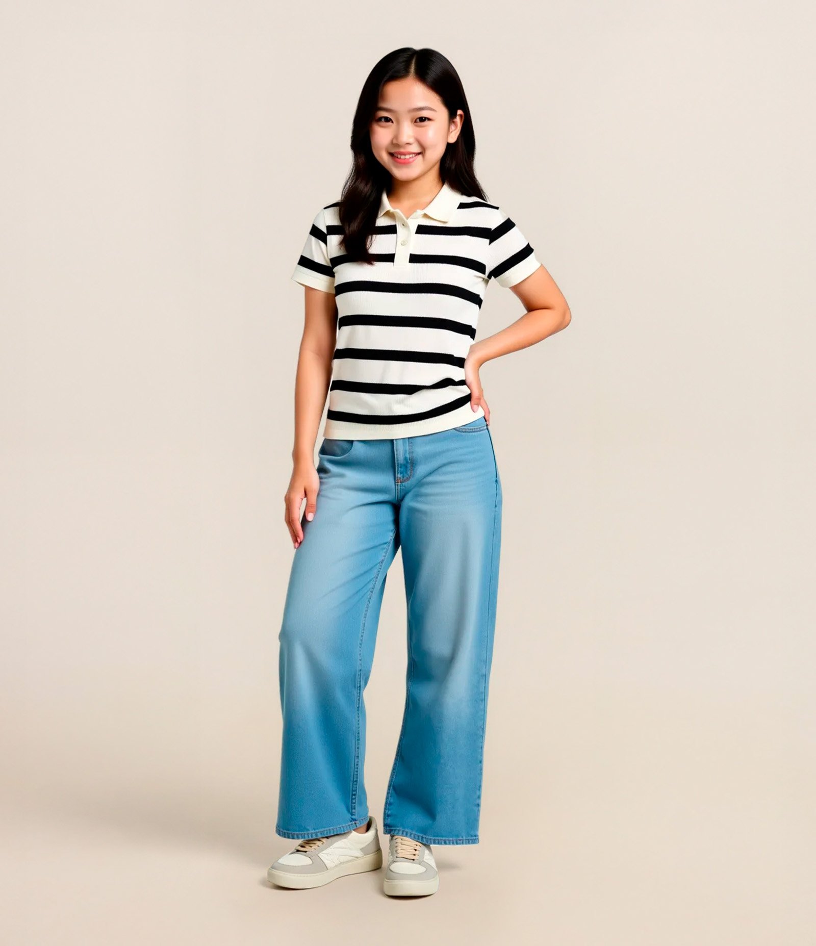 Camisa Infantil Canelada Seamless com Gola Polo Off White/Preto 1