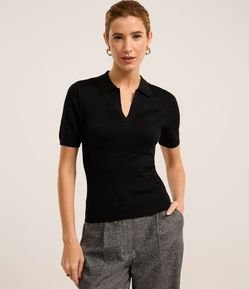 Blusa em Tricô com Gola Polo e Fio Metalizado