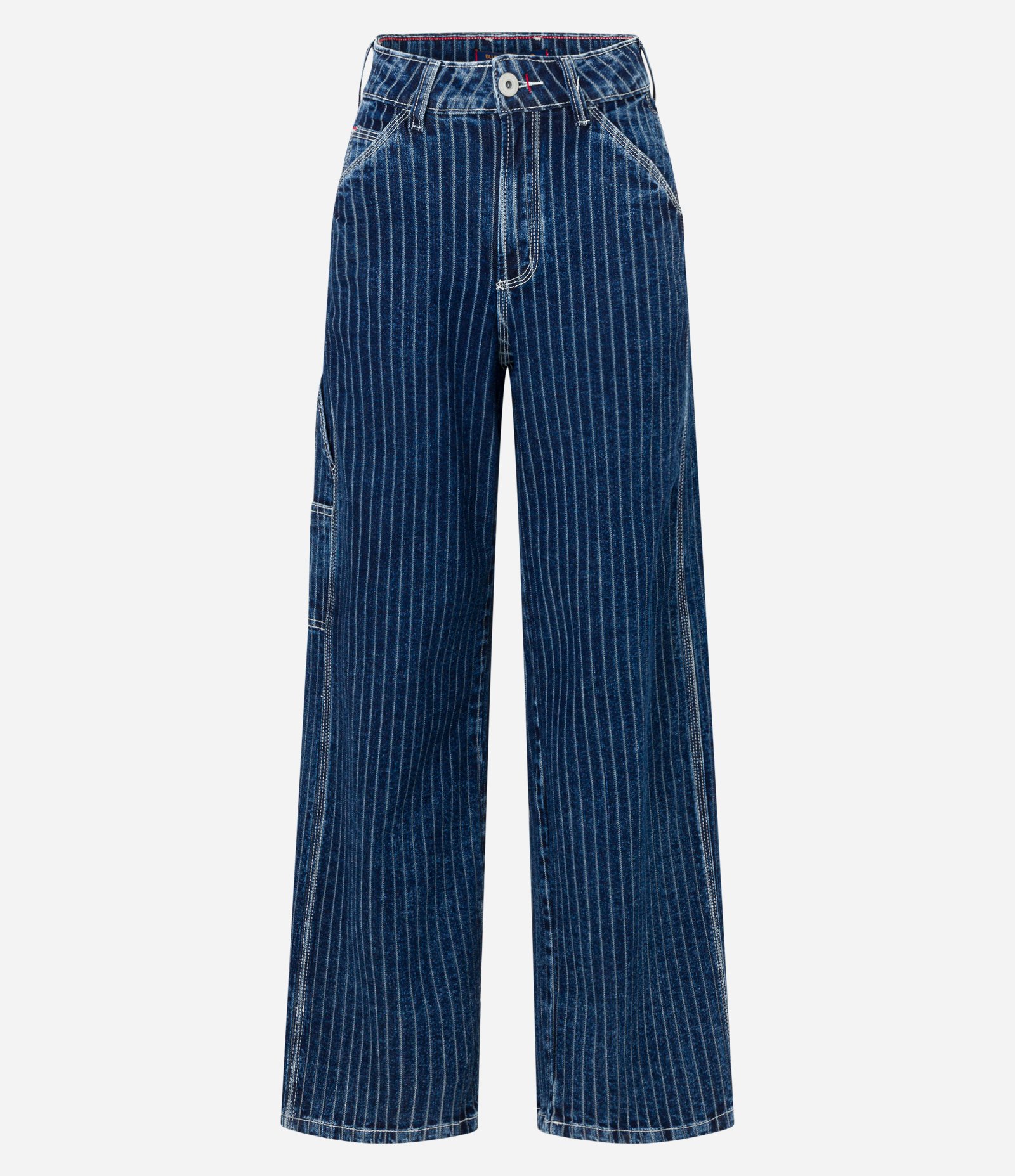 Calça Skater Jeans Listrado em Fio Tinto com Bolsos Carpinteiro Azul Marinho 5