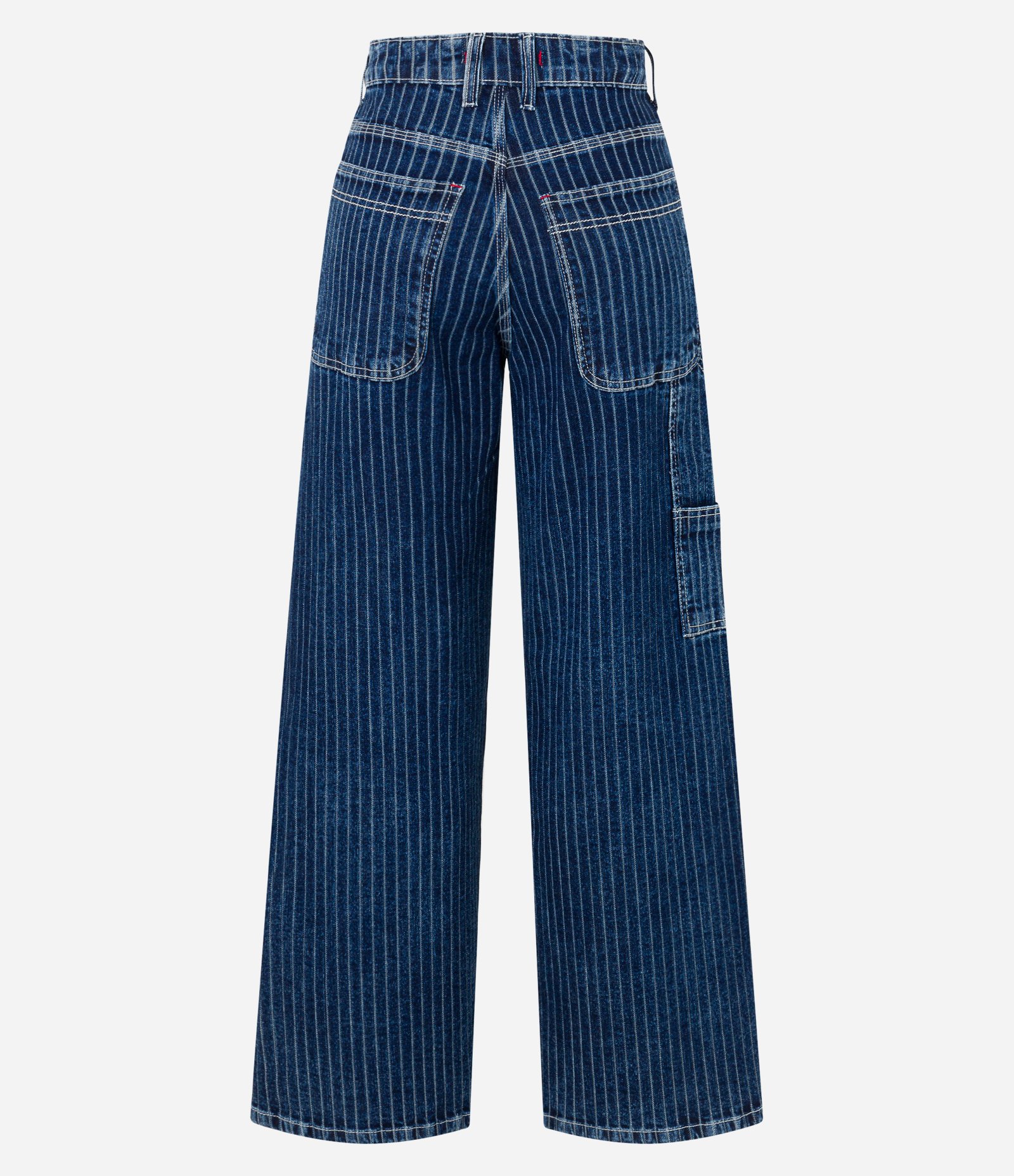 Calça Skater Jeans Listrado em Fio Tinto com Bolsos Carpinteiro Azul Marinho 6