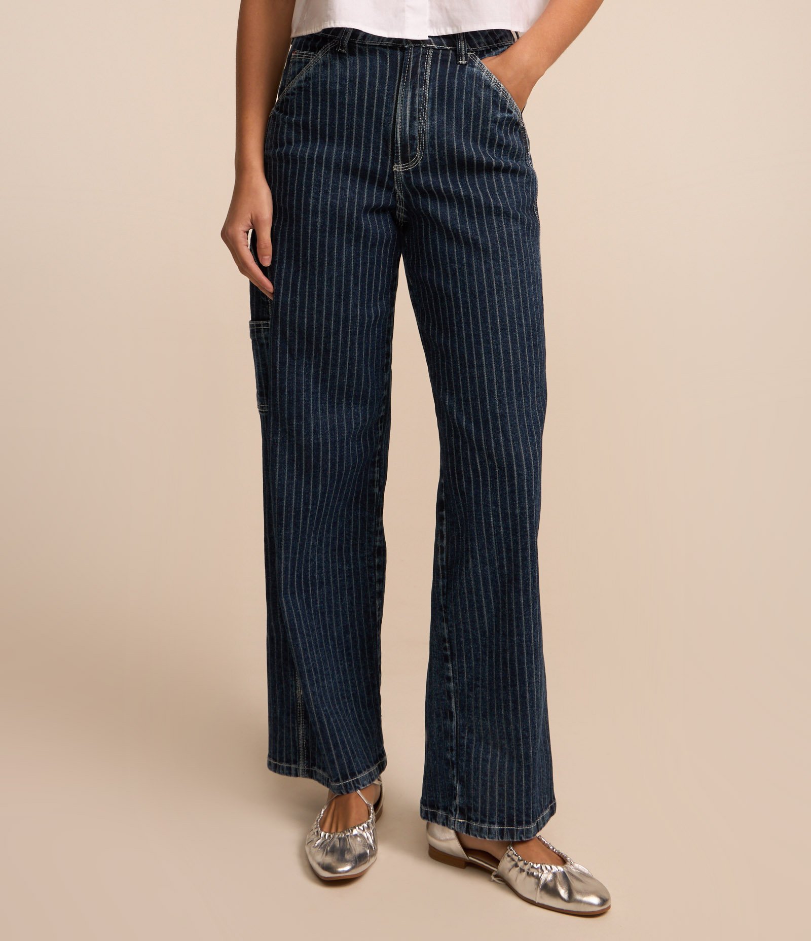 Calça Skater Jeans Listrado em Fio Tinto com Bolsos Carpinteiro Azul Marinho 3