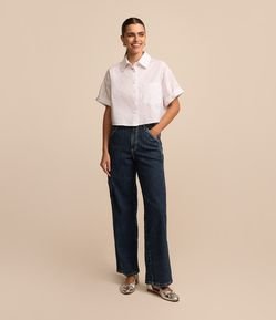 Calça Skater Jeans Listrado em Fio Tinto com Bolsos Carpinteiro